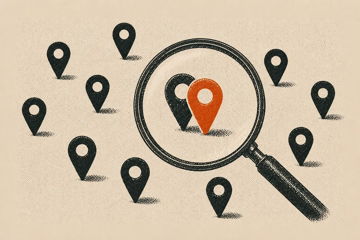 Lupa sobre um pino de mapa duplicado