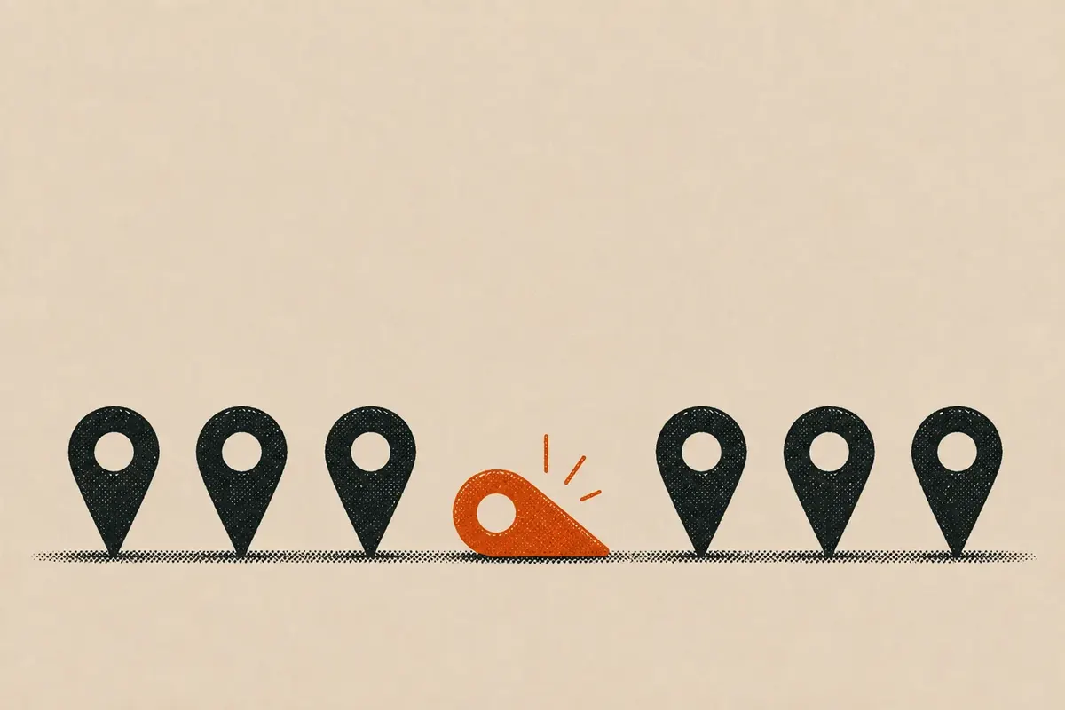 Pino de mapa laranja caindo enquanto outros permanecem de pé